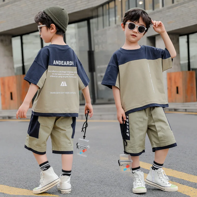 

Children Boys Summer Clothing Set 2021 New Fashion O-neck Short Sleeve Patchwork Letters Two Pieces Clothes Suit 4 6 8 10 12 Yea