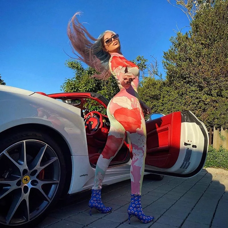 

Buuuu 2020 Autumn Women's Printed Long Sleeve Tight Hip Lifting Sports Jumpsuit Ins Style Ruffle Leggings Y2K