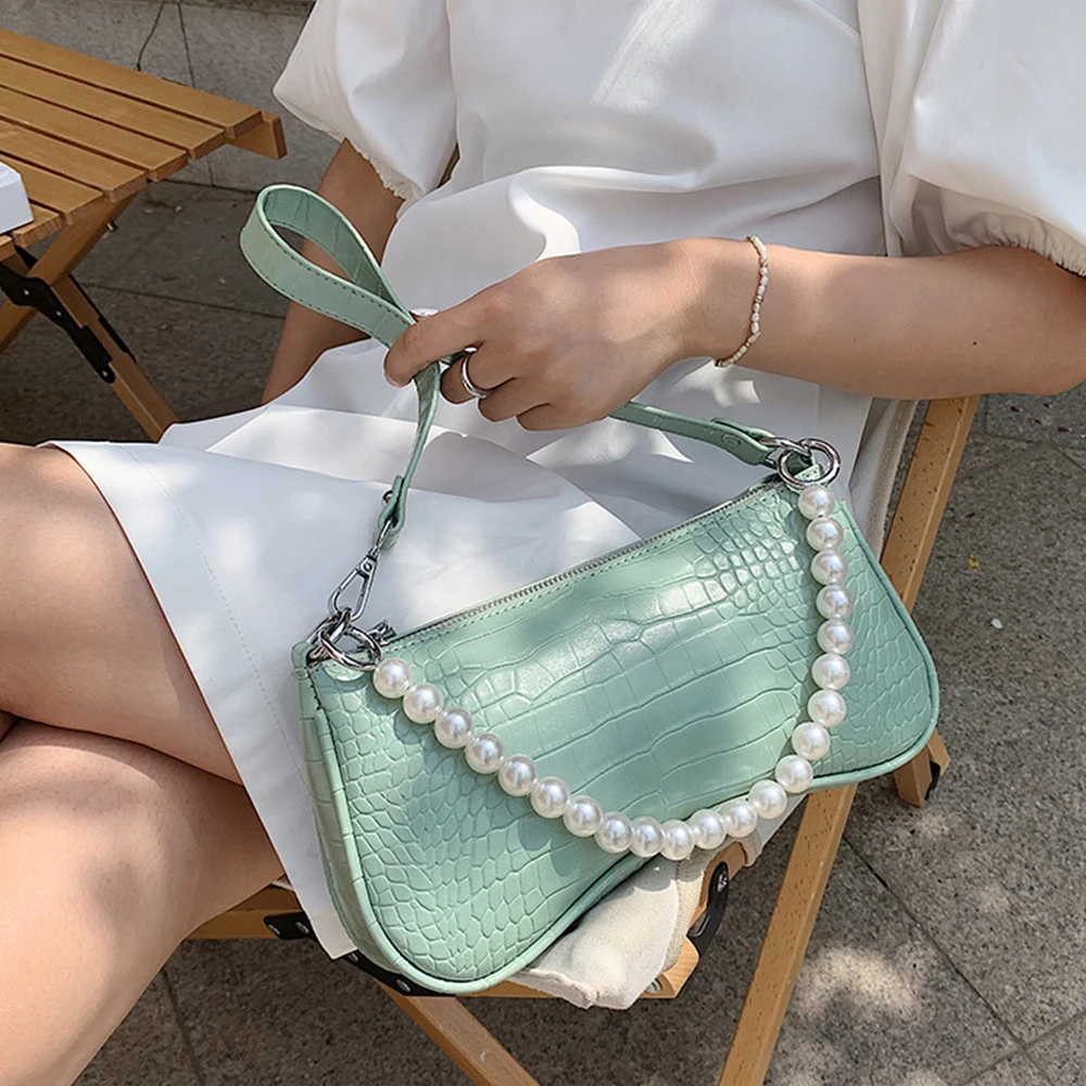 

Crocodile Pattern Women's Designer Beaded Shoulder Bags for Women 2021 Simple PU Leather Trend Solid Color Handbag Armpit Bag