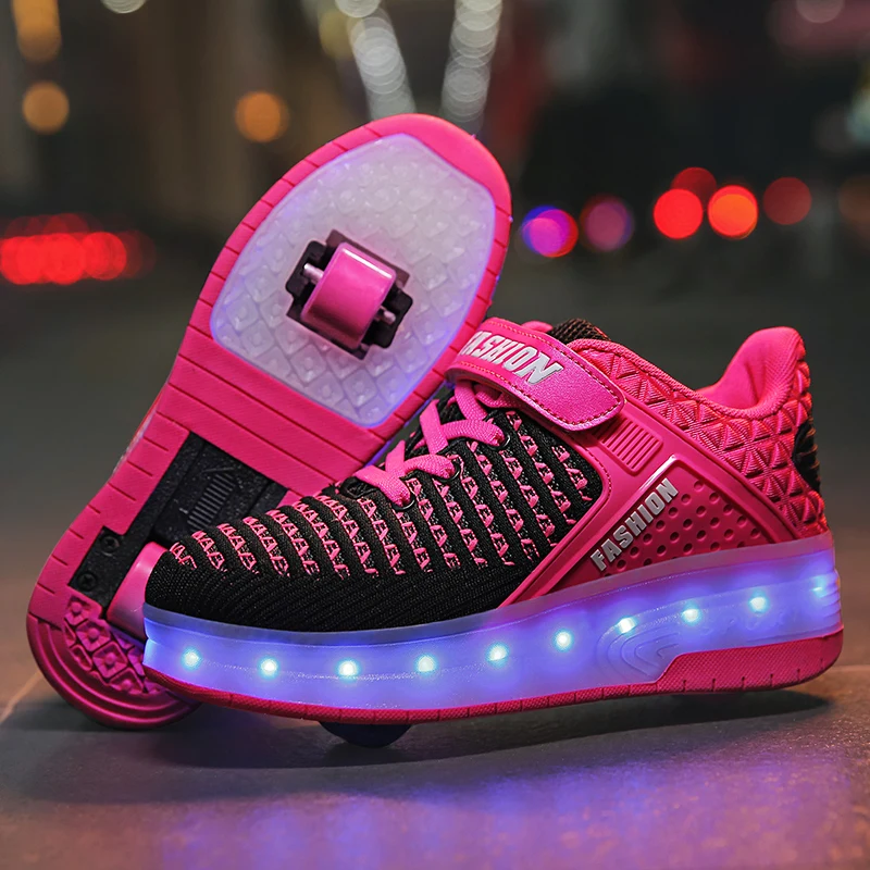 Новинка, розовый, USB зарядка, модный светодиодный светильник для девочек и мальчиков, обувь для катания на роликах, детские кроссовки с колес... от AliExpress WW