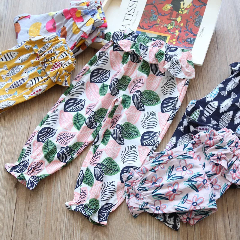 Штаны для девочек с цветочным рисунком летние штаны шаровары маленьких длинные