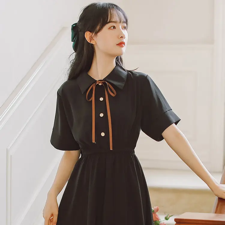 

Women Dress Spring Summer Style Women's A-Line Turn-down Collar Bow Solid Color Black Fashion Design Ladies Dress SS3231