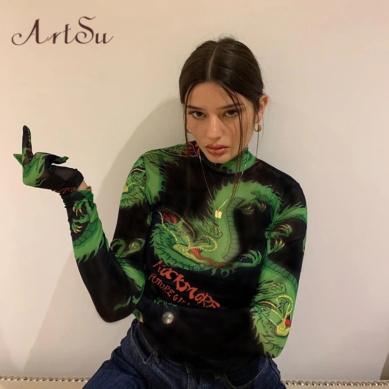 ArtSu, женские вечерние Клубные Обтягивающие Комбинезоны, Mujer, боди, костюм на Хэллоуин, с принтом дракона, сексуальные боди с длинным рукавом, Осенние, JASJU60500