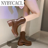 2022 new fall shoes women genuine leather platform shoe fashion women boots round toe chunky boots women solid black women shoes