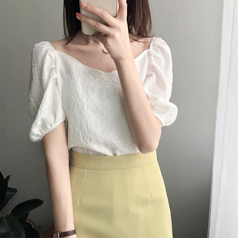 Женская винтажная блузка GOPLUS белая с квадратным вырезом и пышными рукавами в