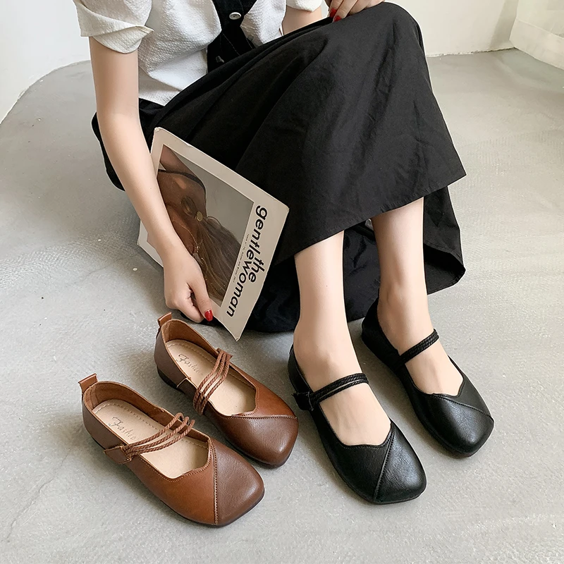 

Туфли женские летние на плоской подошве, квадратный носок, пряжка, ремешок, лоферы, повседневная обувь, ручная работа