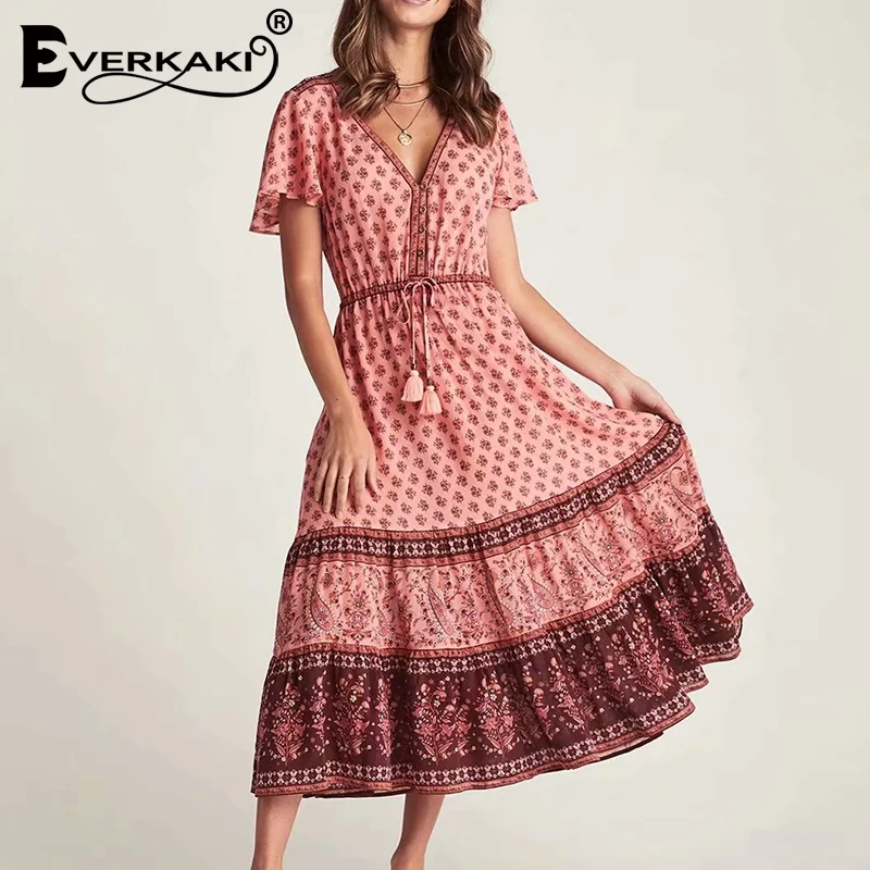 Everkaki Boho длинное платье для женщин Цветочный принт кисточки пояса с эластичной