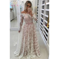 full sleeve evening dresses lace long prom gowns off shoulder floor length ivory lace pink boat neck a line button back formal