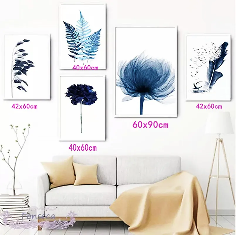 

Watercolor Blue Botanical Leaf Poster Minimalist Nordic Flowers Plant Canvas Painting Wall Art Pictures for Living Room Decor