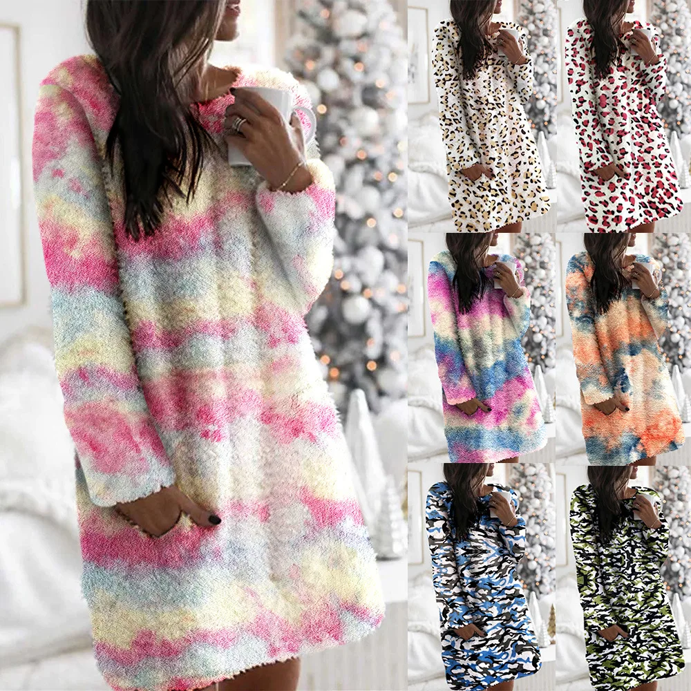 

Autumn Winter Women Flannel Thick Warm Dress Pockets O-Neck Long Sleeve Leopard Camouflage Tie-dye Print Casual Loose Mini Dress