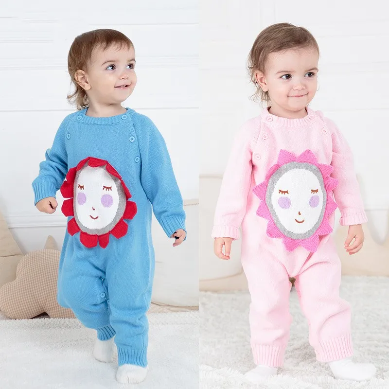

Baby Rompers Knitted Onesie For Newborns Spring/Autumn Long Sleeve Clothes Chic Girl/Boy Sumflower Outfits 0-2Y Babies Jumpsuits