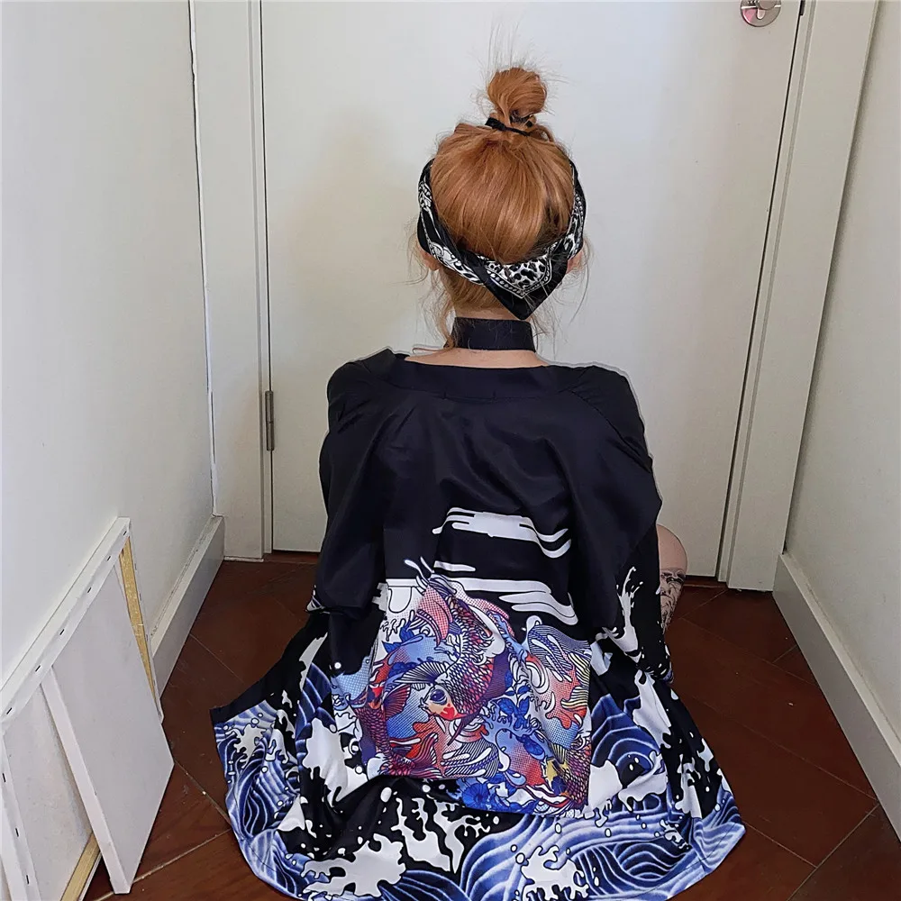 Женская кардиган Хараджуку с развязанными пуговицами сине-черного цвета 2020 года, японская мода кимоно, летняя блузка, повседневная женская одежда, кимоны для косплея.
