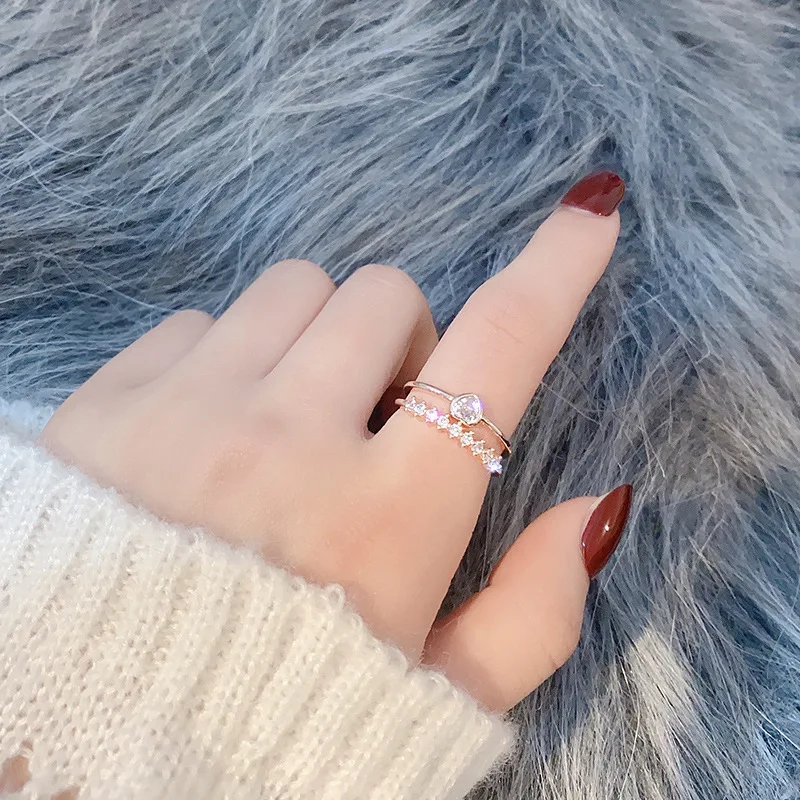 

New simple fashion opening adjustable cold wind light luxury zircon double love ring for women