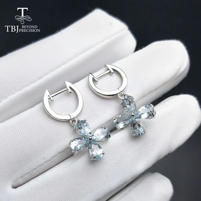 TBJ, натуральный 3ct up бразильский синий Аквамарин простая застежка серьги из серебра 925 пробы для девочек, ювелирные изделия на каждый день с коробкой