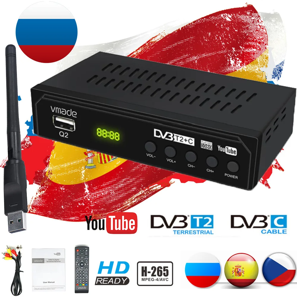 

DVB-T2 DVB-C TV Receptor Digital TV Tuner HD H.265/HEVC Fully 1080P E-AC3 Terrestrial Receiver Decoder WiFi USB Support Youtube