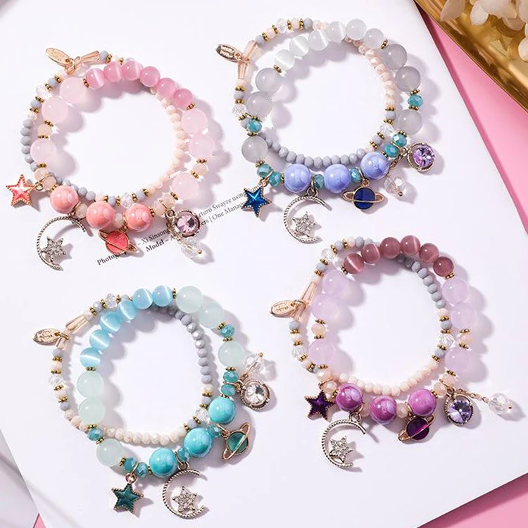 Женский браслет с натуральным опалом синий розовый кристаллами в виде кошачий