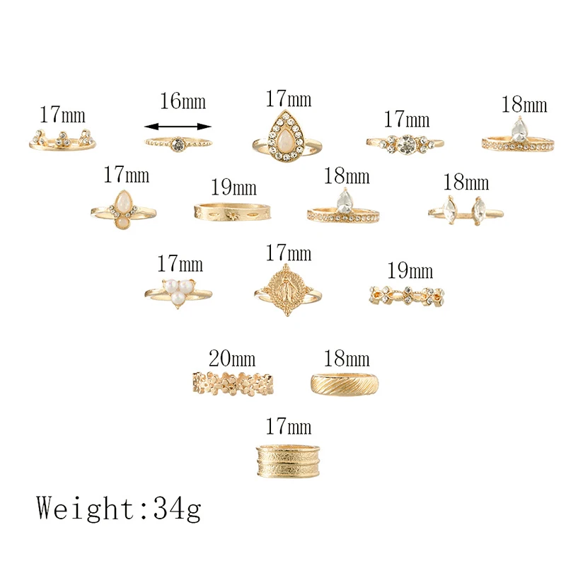 15 Pcs/Set Lady Rings Gold Virgin Mary Flower Crown Crystal Pearl Geometry Finger Ring Set Fashion Party Jewelry Accessories | Украшения и