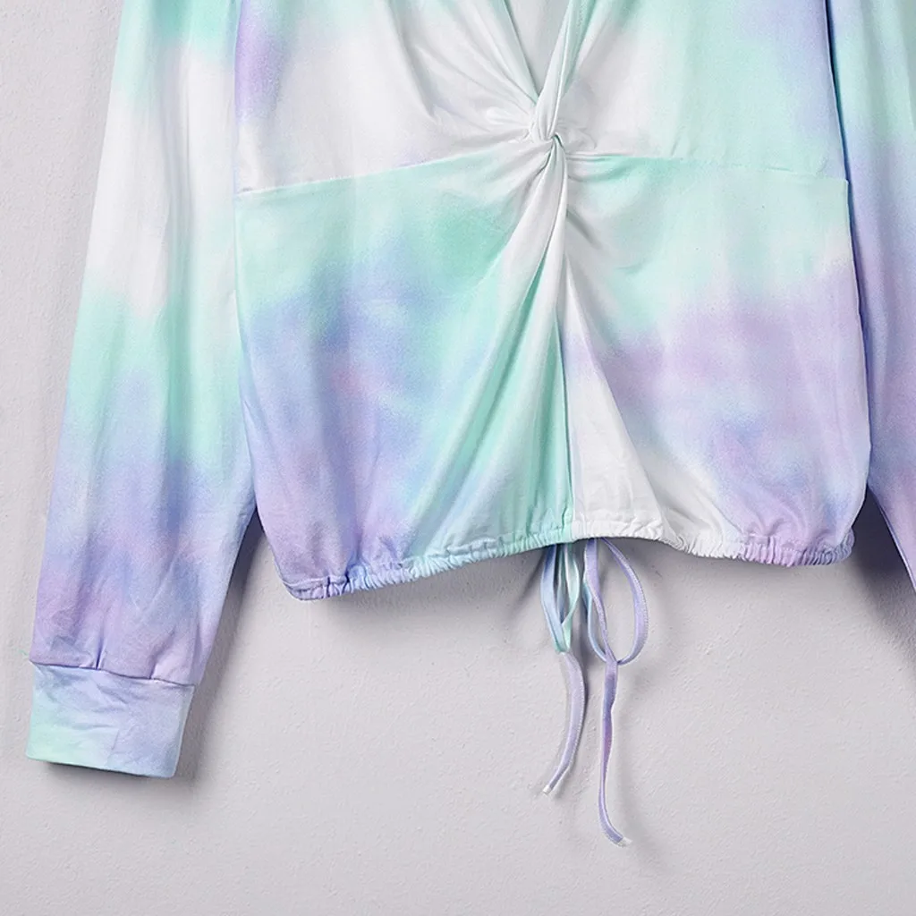 

FREE OSTRICH Long Sleeve Top Women Fashion Print Tie-Dye Crewneck Knot Autumn And Spring Clothing