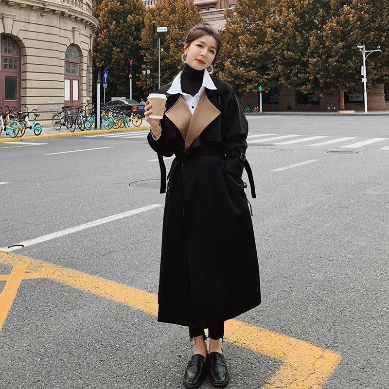 

Women's Windbreaker Long French Style Hit Color Spring Autumn Trench Coat Female Lapel Loose Korean Jacket Fashion Ladies Cloak