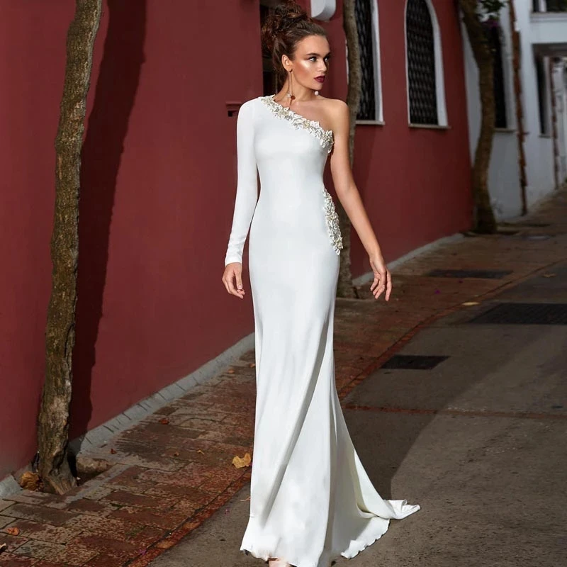 ChuYu 2021 Elegant Mermaid Simple One Shoulder Appliqued Long Sleeve Soft Stain Wedding Dress Formal Occasion  Vestido De Novia