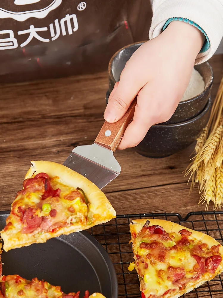 

Stainless steel pizza blade wooden handle covered triangular shovel pizza blade baking tool set baking special cutter household