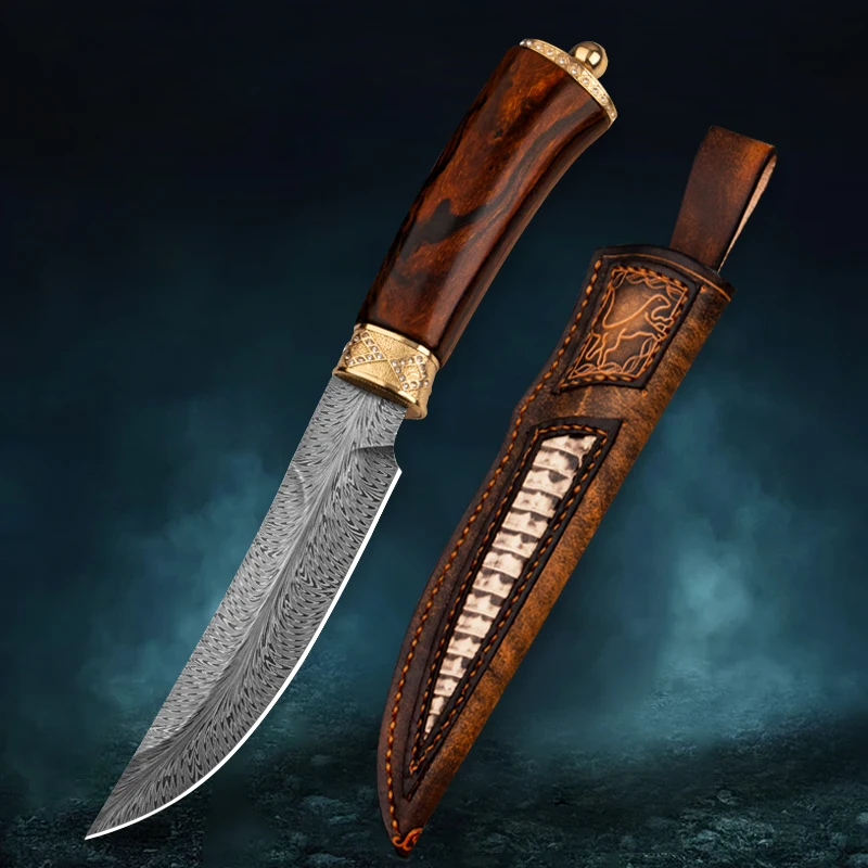 

Damascus feather pattern high-end collection knife handmade knife camping hunting knife outdoor knife fixed blade