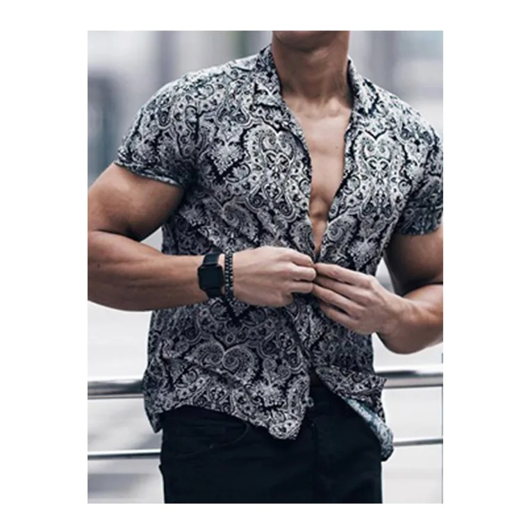 

2021 new men's shirt totem print short sleeve Lapel trend casual top