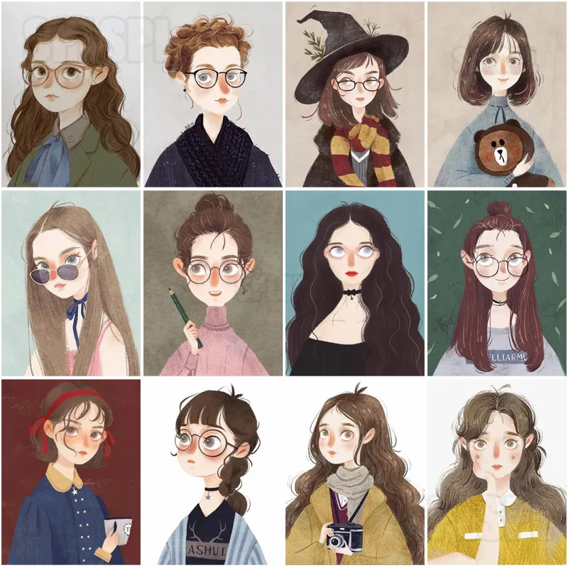 

Diamond Painting Cartoon Cute Girl Hand-Painted Korean Fashion Girl with Big Eyes Curly Hair Wearing Glasses Home Decor Pictures