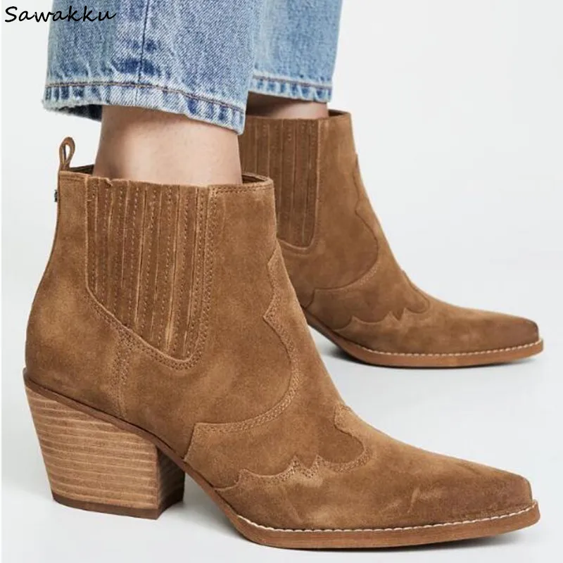 Женские дизайнерские замшевые ботинки челси ковбойские ботильоны с острым