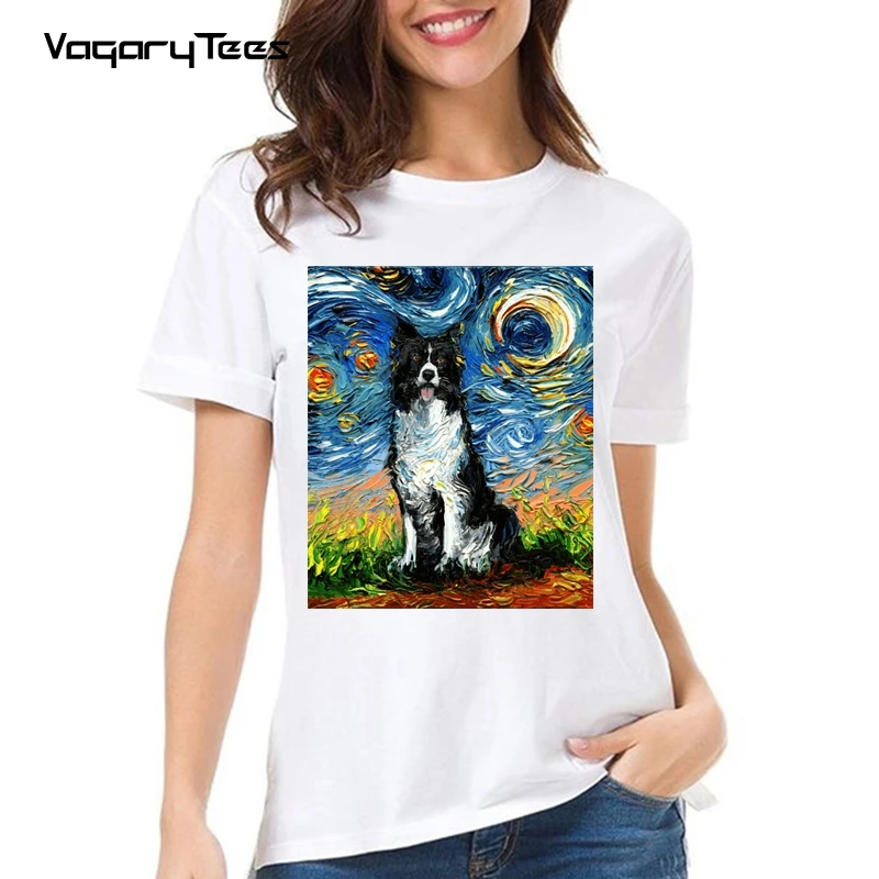 

Border Collie Night dog painting Funny T Shirt Women Unisex Graphic Portrait Pet Design T-Shirt Women Streewear