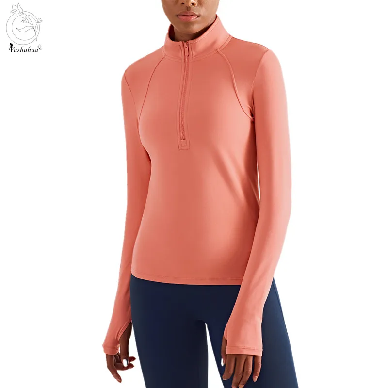 

Yushuhua New Front Half Zipper Long sleeve Yoga Top Women's High Collar Sports Jacket Stretch Gym Fitness Shirt Women Yoga Coat