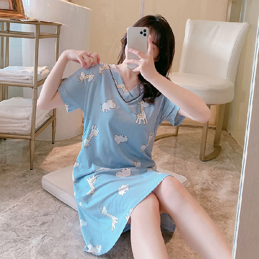 Мультфильм шаблон женская ночная сорочка летние дышащие v образный вырез