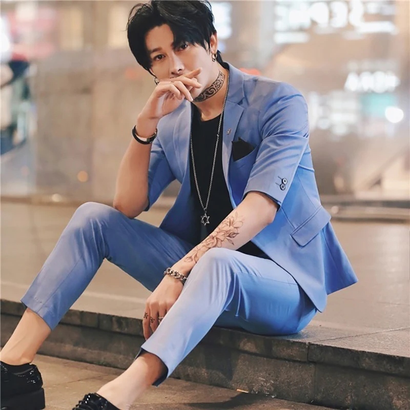 

Костюм мужской свадебный из 2 предметов, приталенный смокинг с короткими рукавами, корейский стиль, черный, лето 2022