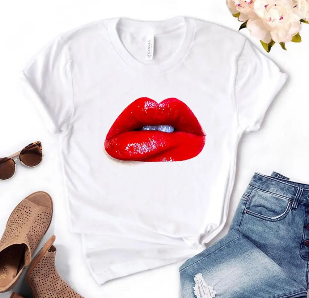 

Casual Funny T Shirt Gift for Lady Yong Girl Top Tee Red Lip Print Women Tshirt