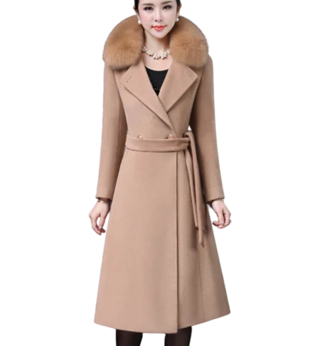 Office Ladies Fur Collar Woolen Trench Coat Women Knee-length Wool Coats Autumn Winter Double Breasted Cashmere Outerwear Formal