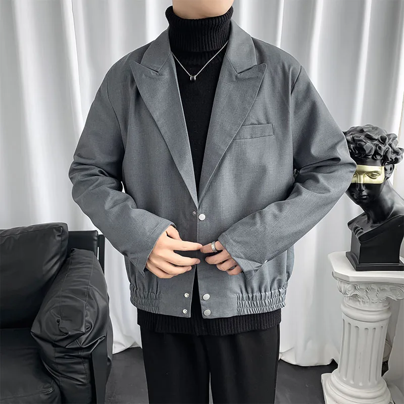

2020 Autumn New Fashion Jacket Coat Men Short Style Rib Hem Suit Collar Outerwear Loose Solid Korean Trend Streetwear Tops