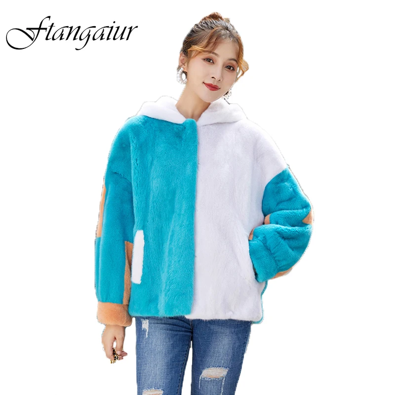 

Ftangaiur Winter Import Velvet Mink Fur Coat Women With Fur Hood Contrast Color Short Slim Natural Real Mink Fur Coats