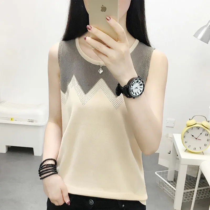 

loose ins Ice silk knitted tank top women hot drilling mesh patchwork Sleeveless tops 2021 new arrival