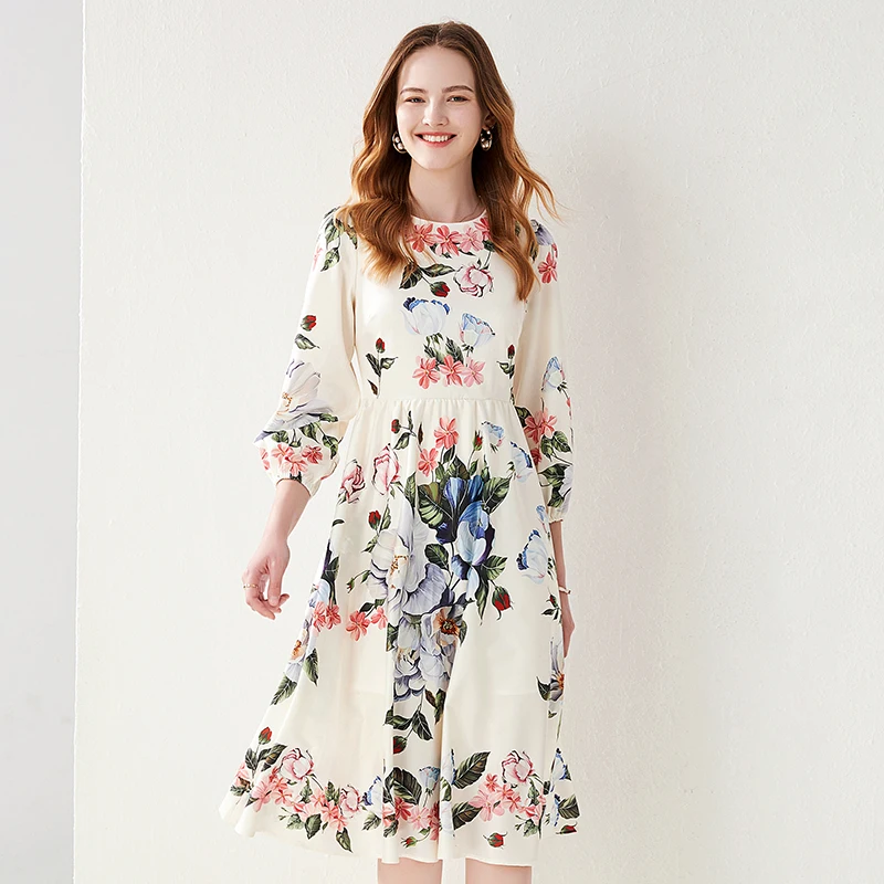 

New Spring Autumn Women O-Neck Wrist Sleeve Slim Long Dress High Quality Court Style Flowers Print Vintage Runway Dress