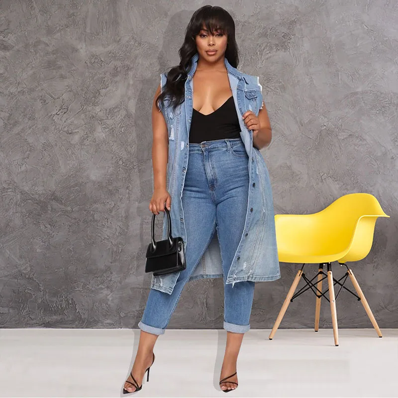 Джинсовое пальто на пуговицах без рукавов с отложным воротником | Женская одежда