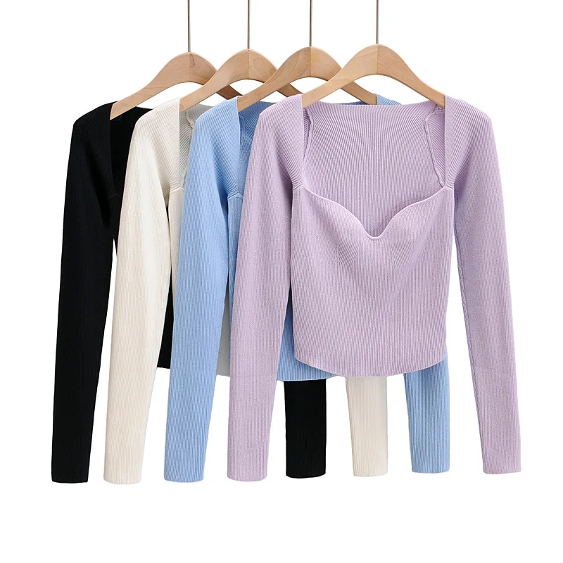 

Autumn Sexy Knitted Sweater Women Square-Neck High Stretch Pullover Long Sleeved Solid Jumpers Korean Slim Pull Femme