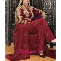 elegant burgundy evening dresses moroccan kaftan suit appliques saudi arabic special dubai robe de soiree detachable train