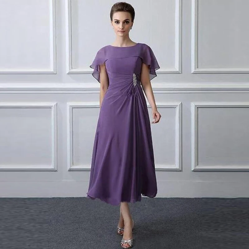 

Chiffon Mother of the Bride Dresses Tea Length Folds Evening Dresses Wedding Party Guest Gown Dresses Custom Dresses 2021