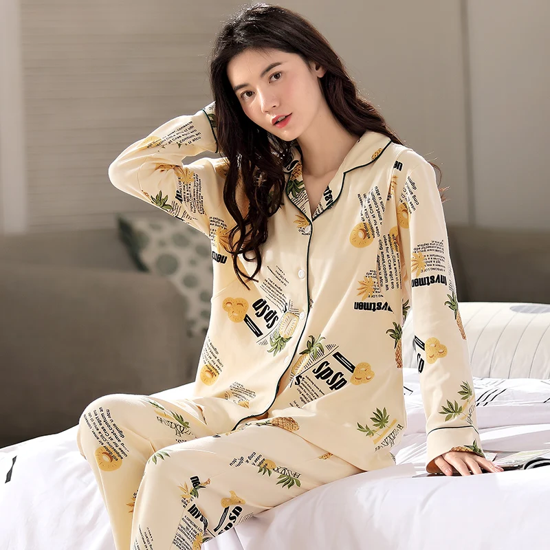 

2021 new spring and autumn cotton pajamas set loose and comfortable Lapel pregnant women's wear