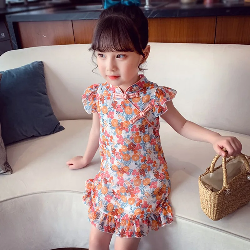 

Summer Girls Cheongsam Sumemr 2-8 Year Kids Floral Chiffon Dress Retro Chinese Style Outfits