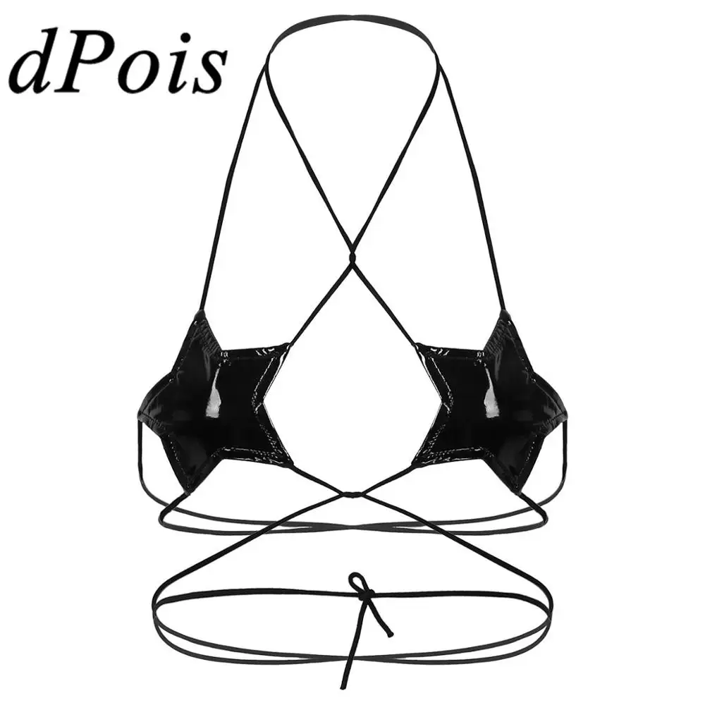 

Black Womens Wet Look Patent Leather Lingerie Halter Neck Strappy Wrap Around Star Shape Bralette Bra Top Female Sexy Underwear