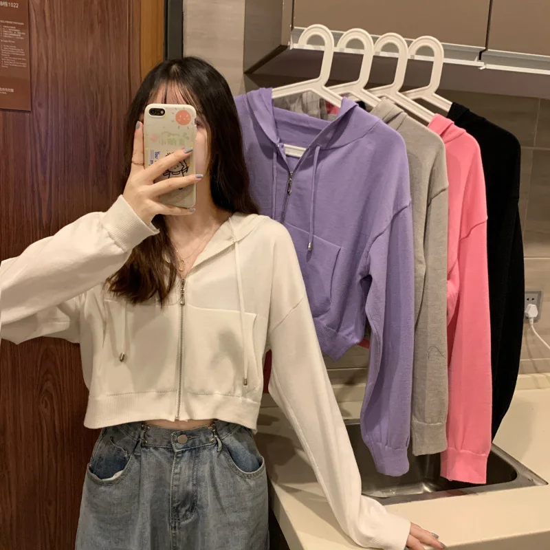

Preppy Style Casual Sunproof Tops Short Kawaii Solid Colors Slim Full Sleeve Hoodies Knitted Women Sweater 2021 Spring Autumn