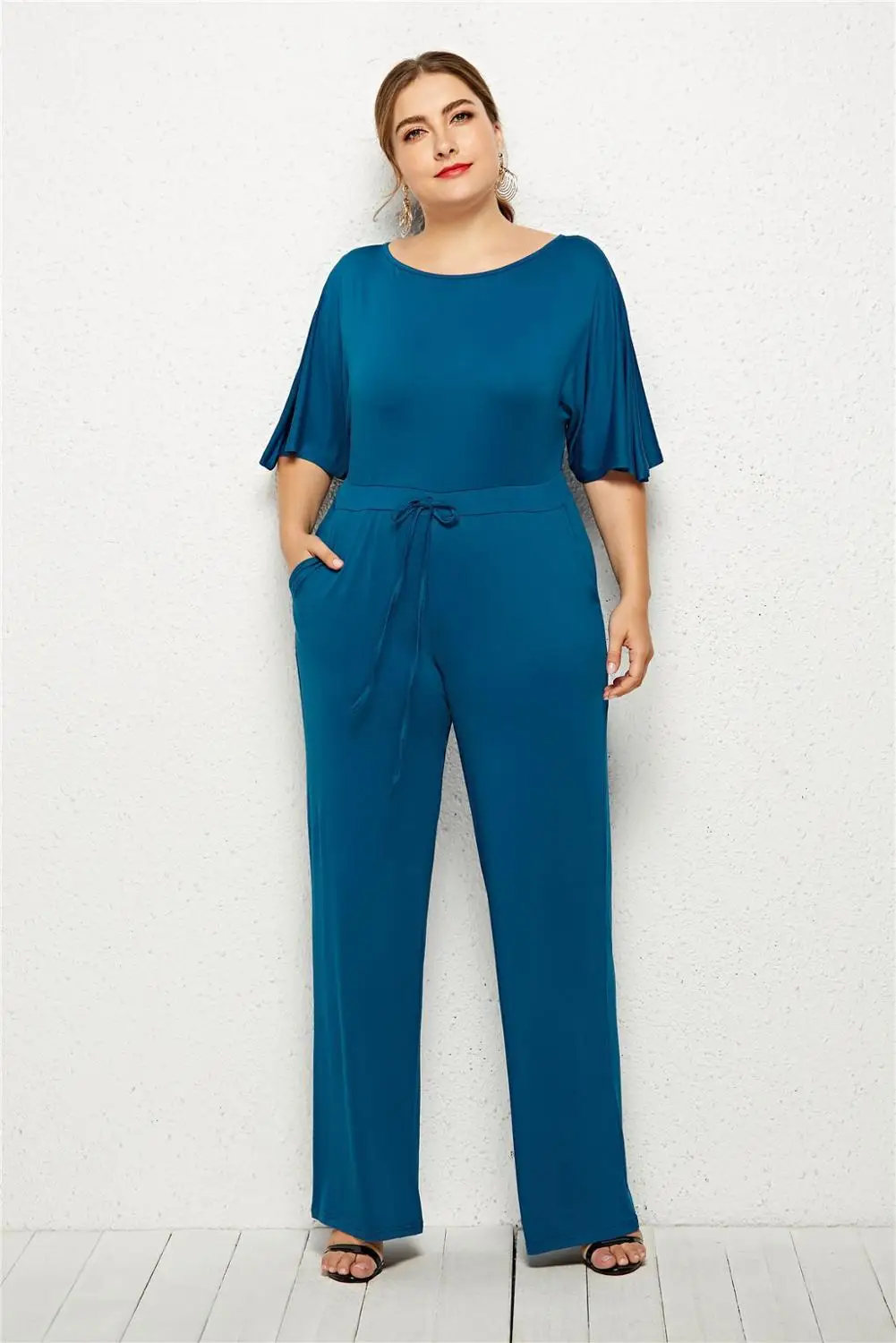 

Newest Women Solid Jumpsuit Round Neck Short Sleeves Waist Lace Up Fashion Office Lady's High elastic Rompers Real Picture