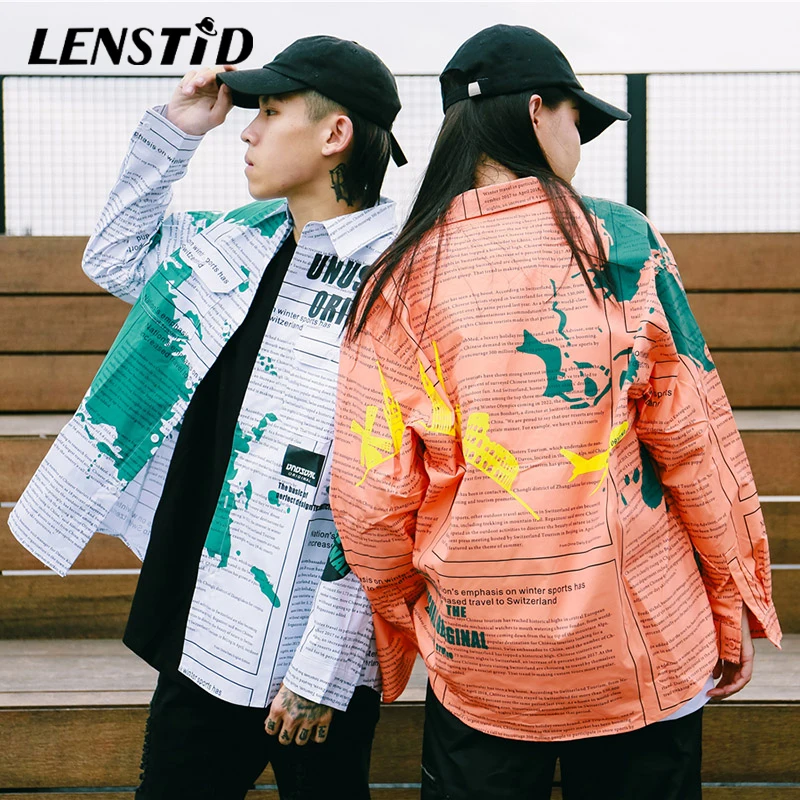 LENSTID 2019 осенние мужские рубашки в стиле хип хоп с графической картой газетный