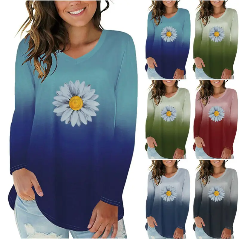 

Для женщин одежда с длинным рукавом Градиент Дейзи цветок печатных пуловеры с v-образным вырезом, футболка-туника